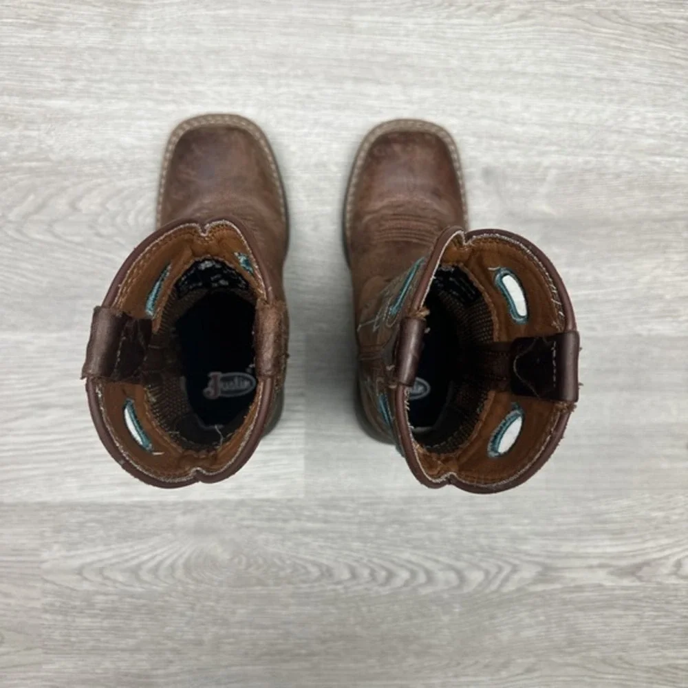 Justin Bowline Junior Kids Youth Brown‎ Leather Square Toe Pull-on Boots Size 9D